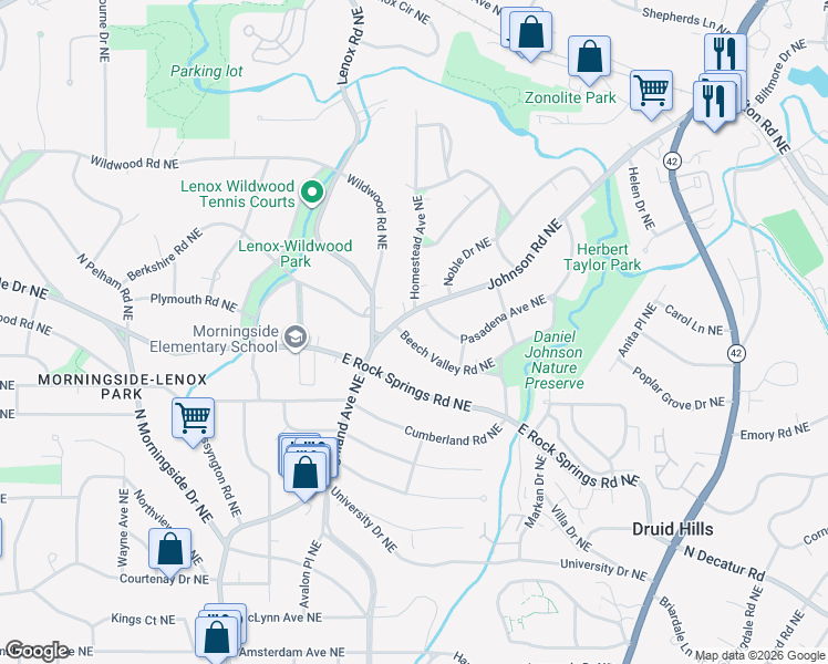 map of restaurants, bars, coffee shops, grocery stores, and more near 1184 Beech Valley Road Northeast in Atlanta