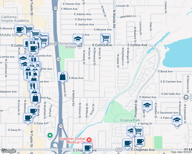 map of restaurants, bars, coffee shops, grocery stores, and more near 655 North Elmwood Street in Orange