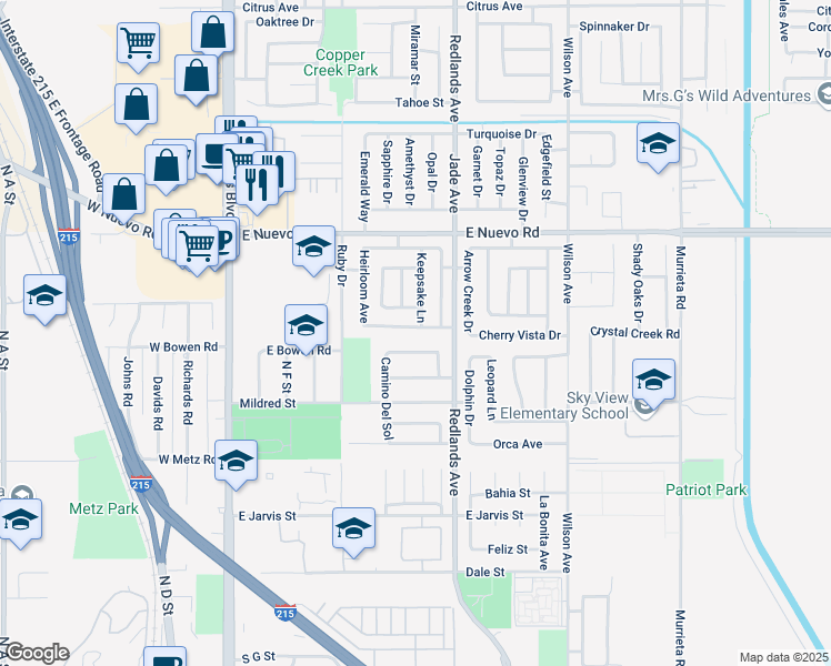 map of restaurants, bars, coffee shops, grocery stores, and more near 329 Recognition Lane in Perris