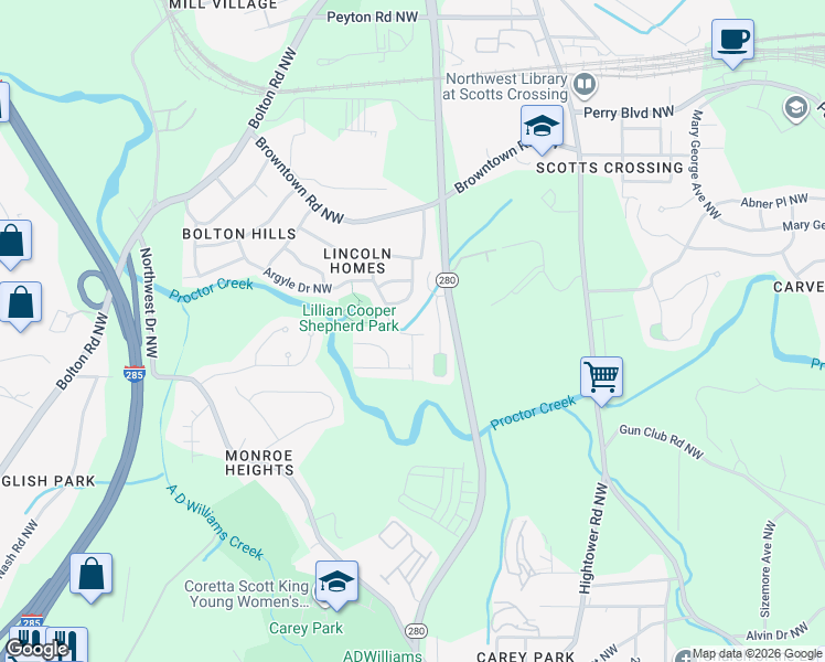 map of restaurants, bars, coffee shops, grocery stores, and more near 2858 Marco Drive Northwest in Atlanta