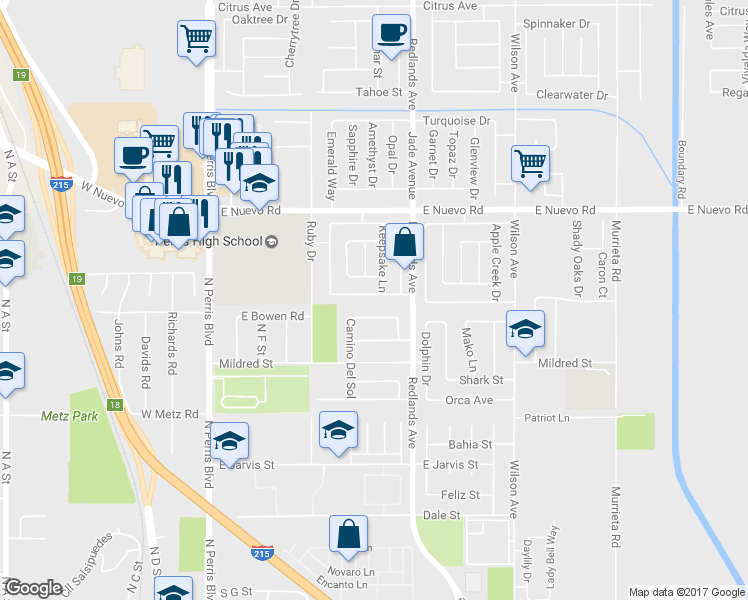 map of restaurants, bars, coffee shops, grocery stores, and more near 329 Recognition Lane in Perris