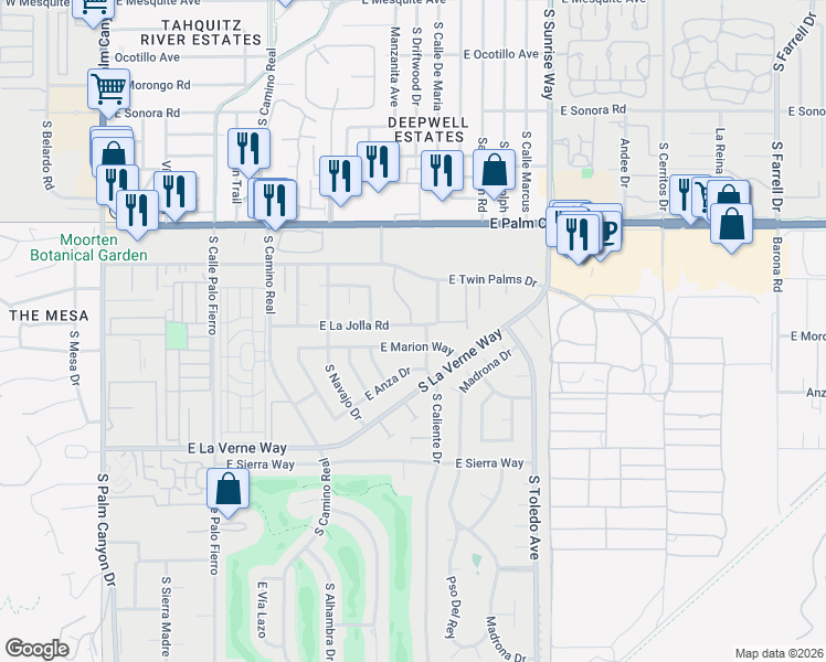 map of restaurants, bars, coffee shops, grocery stores, and more near 1245 East La Jolla Road in Palm Springs