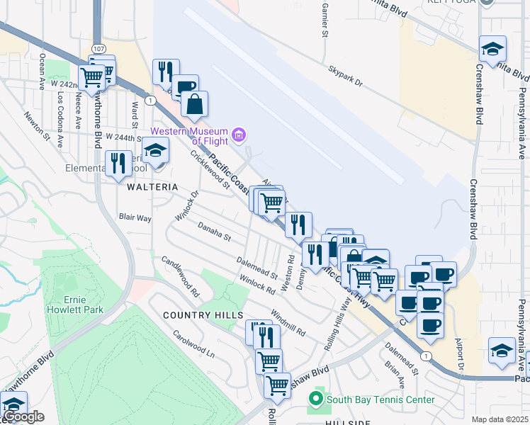 map of restaurants, bars, coffee shops, grocery stores, and more near 3156 California 1 in Torrance