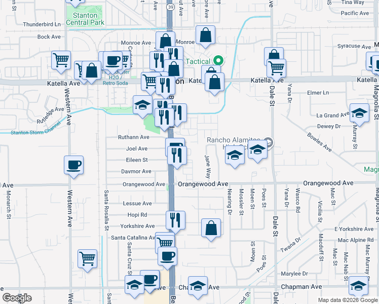 map of restaurants, bars, coffee shops, grocery stores, and more near 8028 Monaco in Stanton