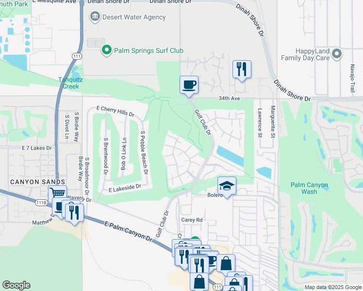 map of restaurants, bars, coffee shops, grocery stores, and more near 5738 Los Coyotes Drive in Palm Springs