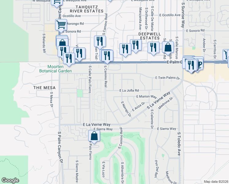 map of restaurants, bars, coffee shops, grocery stores, and more near 973 East La Jolla Road in Palm Springs
