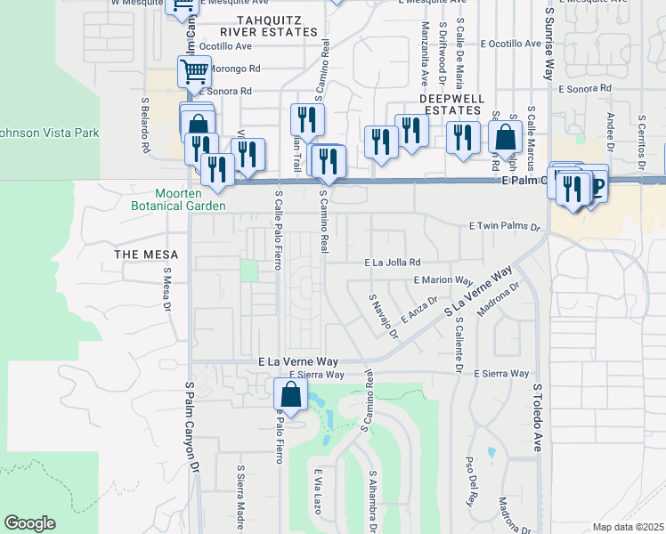 map of restaurants, bars, coffee shops, grocery stores, and more near 973 East La Jolla Road in Palm Springs