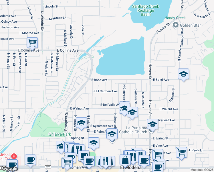 map of restaurants, bars, coffee shops, grocery stores, and more near 663 North Rick Street in Orange