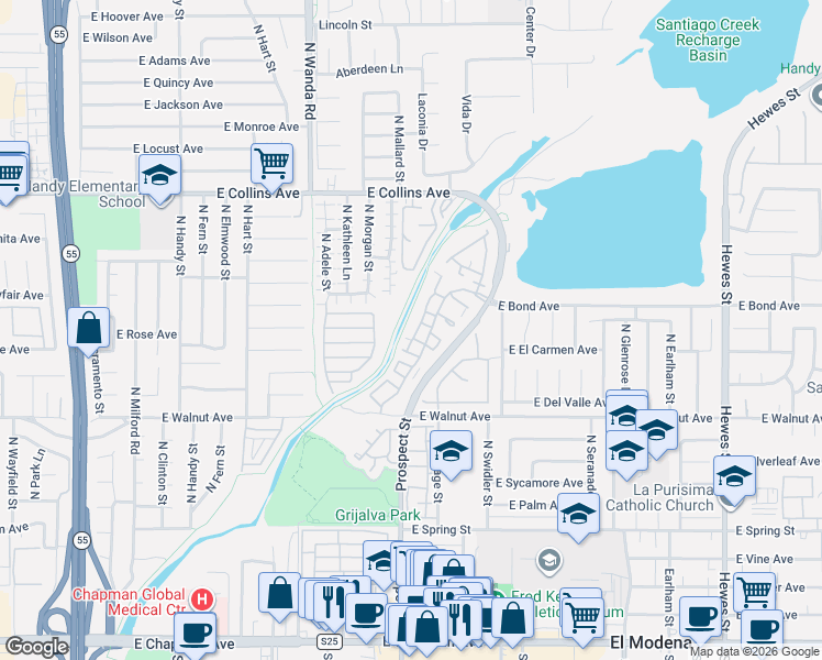 map of restaurants, bars, coffee shops, grocery stores, and more near 3326 East Hammond Circle in Orange