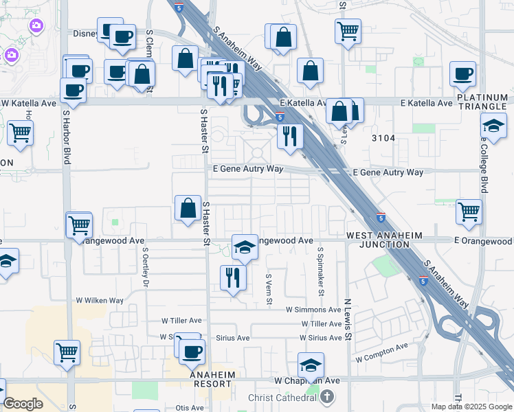 map of restaurants, bars, coffee shops, grocery stores, and more near 315 Pearson Avenue in Anaheim