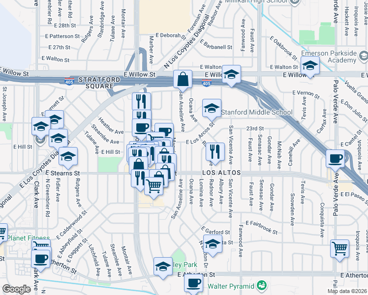 map of restaurants, bars, coffee shops, grocery stores, and more near 2266 Ocana Avenue in Long Beach