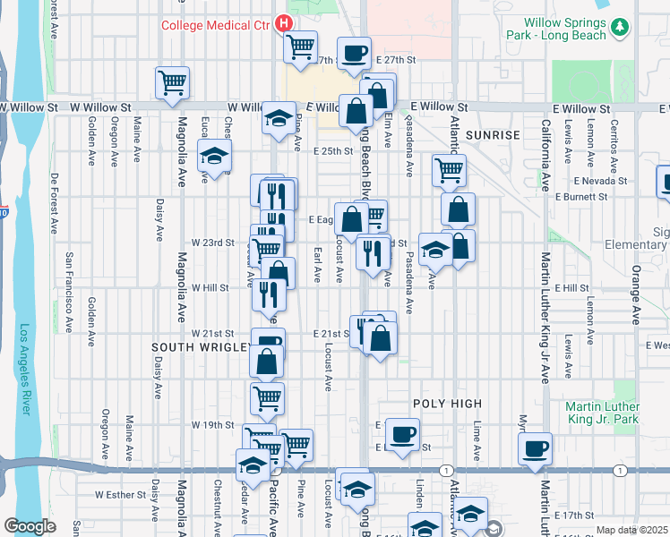 map of restaurants, bars, coffee shops, grocery stores, and more near 2243 Locust Avenue in Long Beach