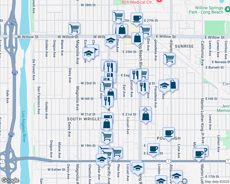 map of restaurants, bars, coffee shops, grocery stores, and more near 2250 Pine Avenue in Long Beach