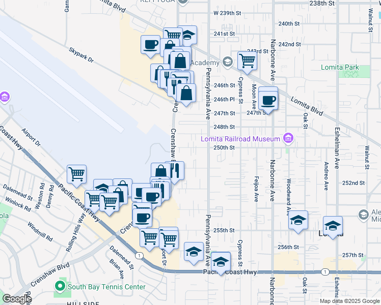map of restaurants, bars, coffee shops, grocery stores, and more near 2456 250th Street in Lomita