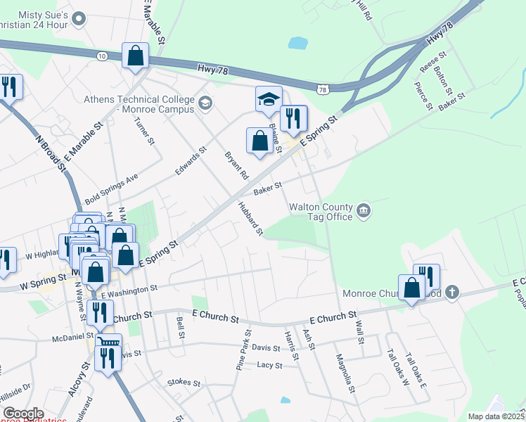 map of restaurants, bars, coffee shops, grocery stores, and more near 110 Baker Street in Monroe