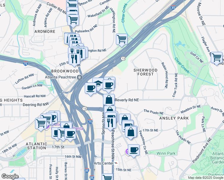 map of restaurants, bars, coffee shops, grocery stores, and more near in Atlanta