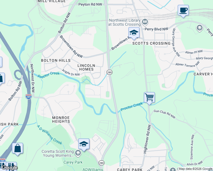 map of restaurants, bars, coffee shops, grocery stores, and more near 1637 Jackson Way in Atlanta