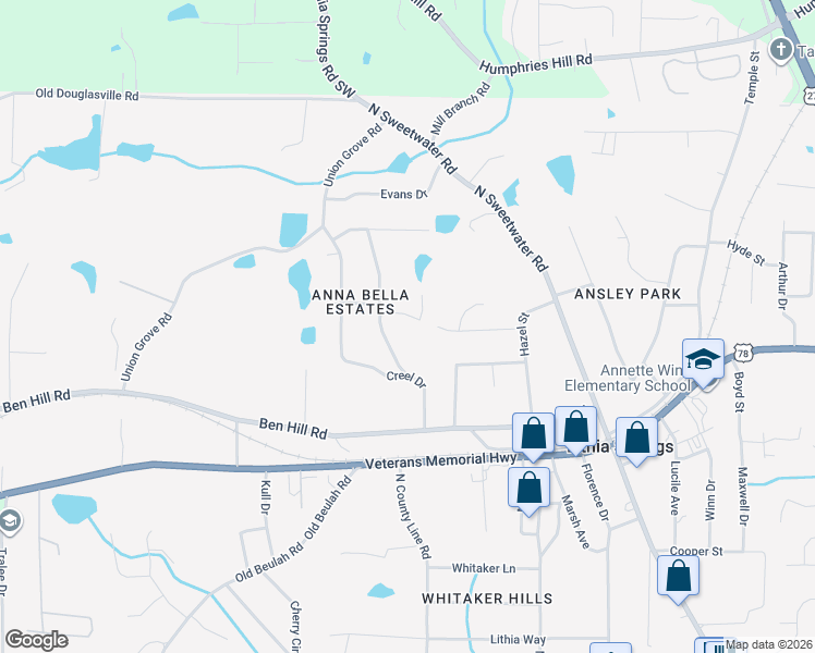 map of restaurants, bars, coffee shops, grocery stores, and more near 3940 Janet Street in Lithia Springs