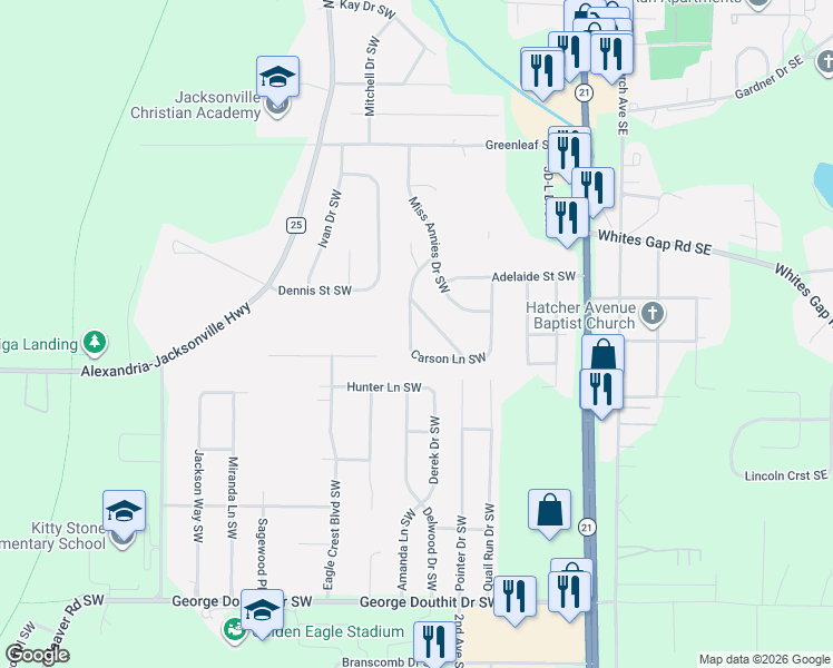 map of restaurants, bars, coffee shops, grocery stores, and more near 944 Carson Lane Southwest in Jacksonville