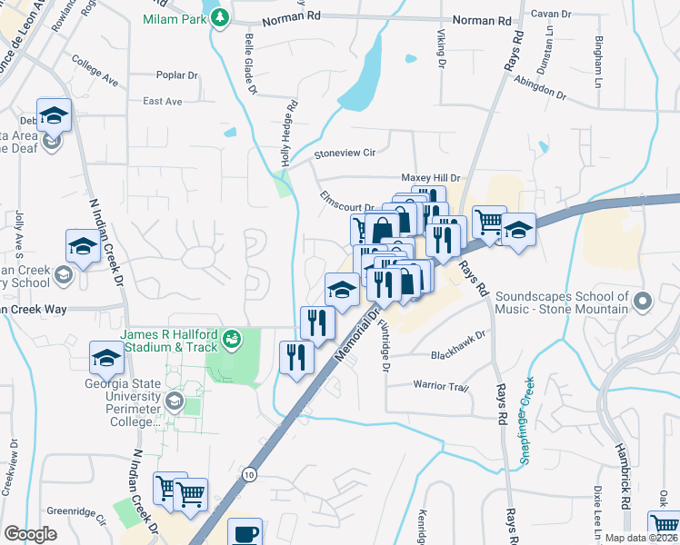 map of restaurants, bars, coffee shops, grocery stores, and more near 5154 Memorial Drive in Stone Mountain
