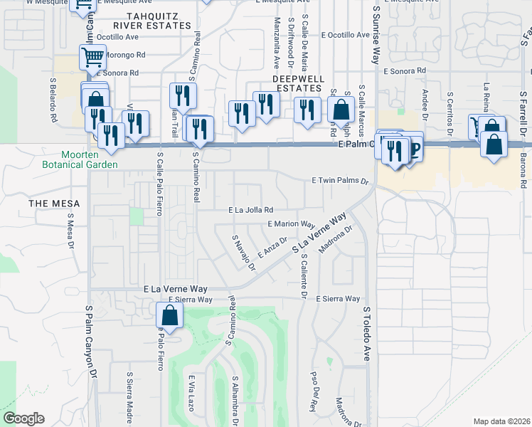 map of restaurants, bars, coffee shops, grocery stores, and more near 1093 East La Jolla Road in Palm Springs