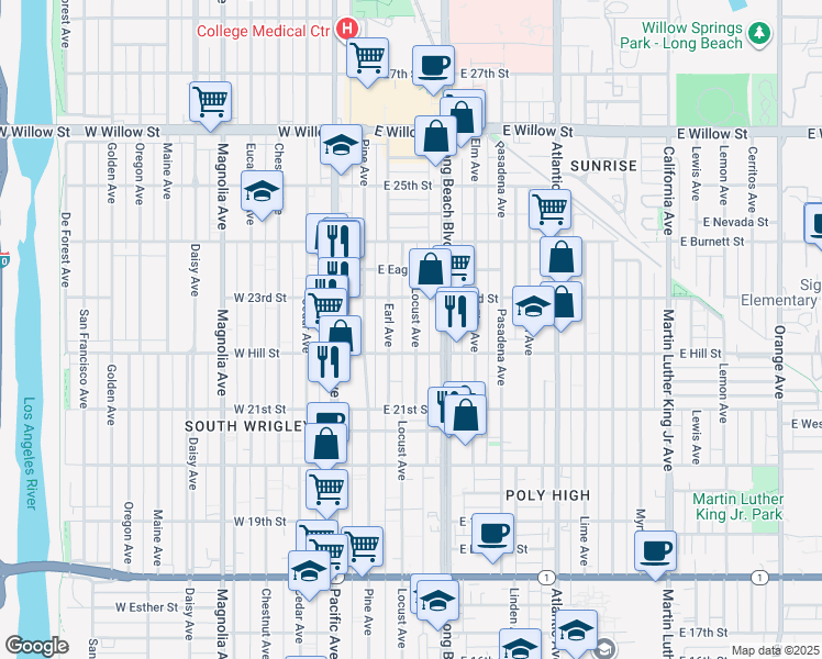 map of restaurants, bars, coffee shops, grocery stores, and more near 2239 Locust Avenue in Long Beach