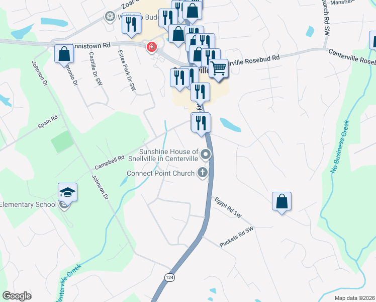 map of restaurants, bars, coffee shops, grocery stores, and more near 3678 Waverly Oaks Way in Snellville