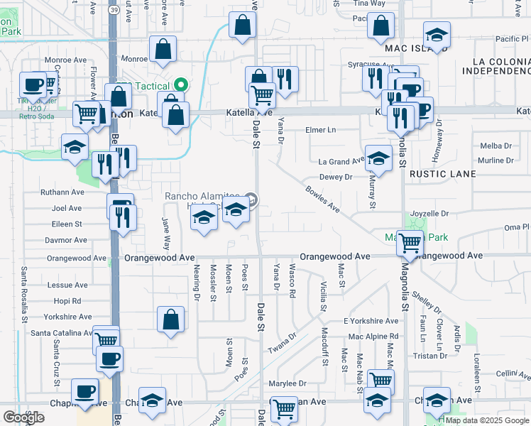map of restaurants, bars, coffee shops, grocery stores, and more near 11332 Dale Street in Garden Grove