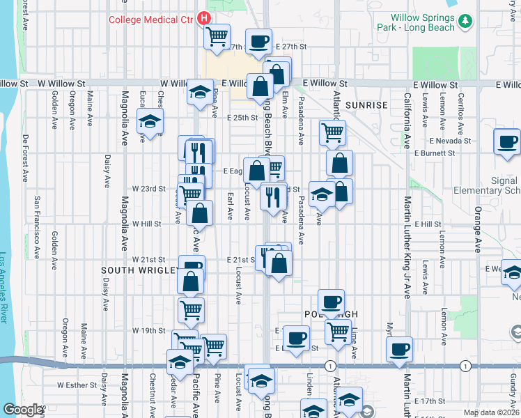 map of restaurants, bars, coffee shops, grocery stores, and more near 2341 Long Beach Boulevard in Long Beach