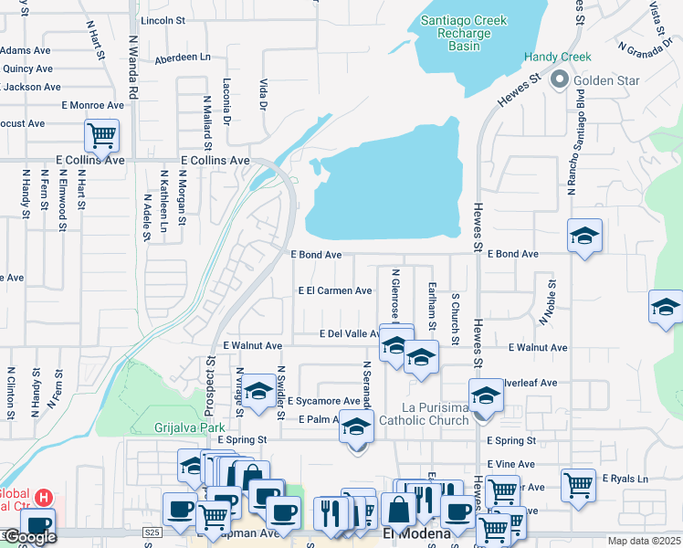 map of restaurants, bars, coffee shops, grocery stores, and more near 663 North Rick Street in Orange