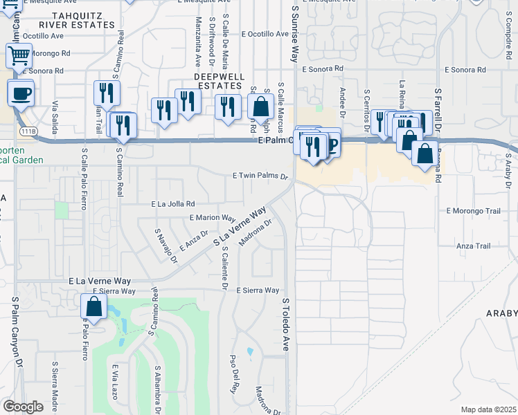 map of restaurants, bars, coffee shops, grocery stores, and more near 1526 South La Verne Way in Palm Springs