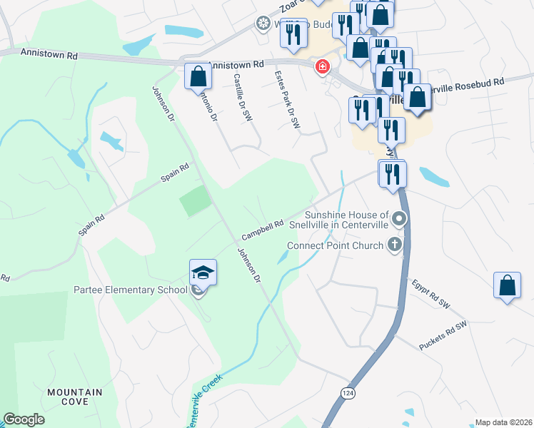 map of restaurants, bars, coffee shops, grocery stores, and more near 4191 Campbell Road in Snellville