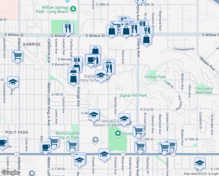 map of restaurants, bars, coffee shops, grocery stores, and more near 2238 Walnut Avenue in Signal Hill