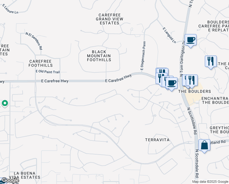 map of restaurants, bars, coffee shops, grocery stores, and more near 6671 East Whispering Mesquite Trail in Scottsdale