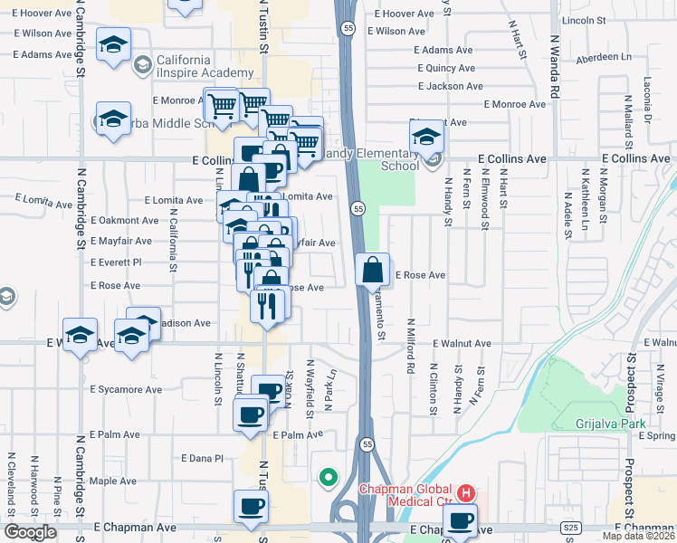 map of restaurants, bars, coffee shops, grocery stores, and more near 660 North Highland Street in Orange