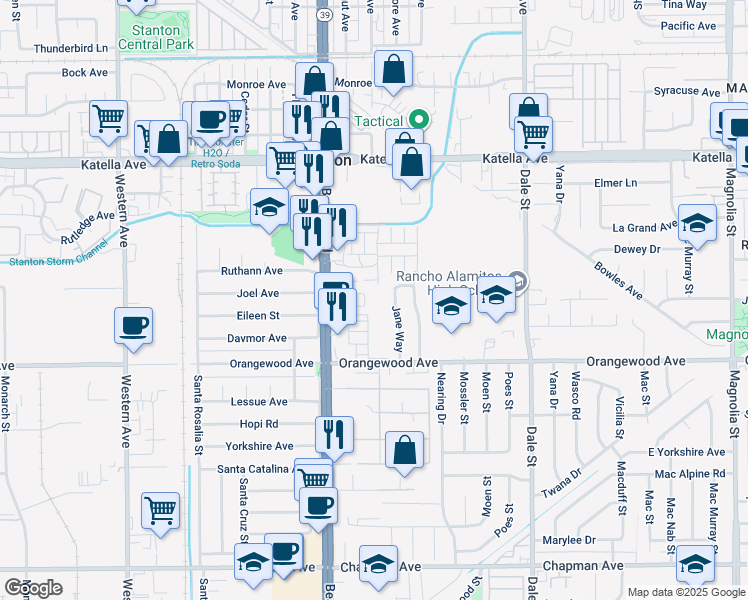 map of restaurants, bars, coffee shops, grocery stores, and more near 8101 Plaza Way in Stanton