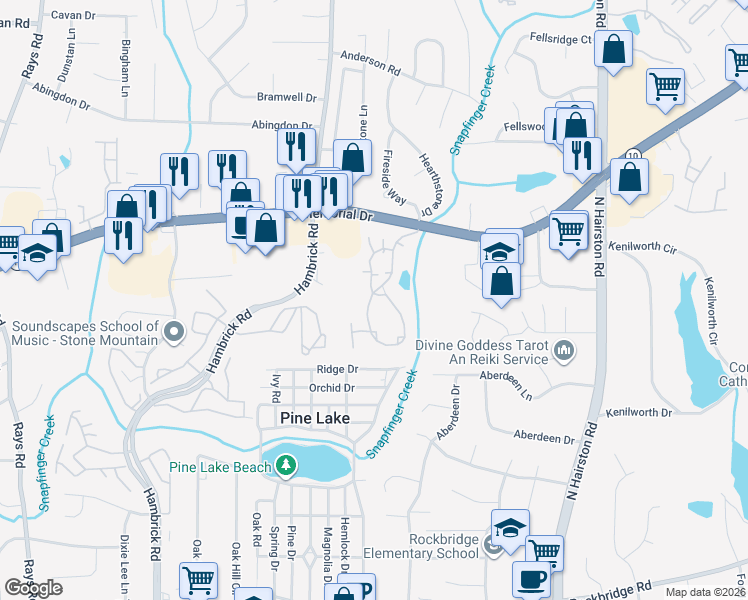 map of restaurants, bars, coffee shops, grocery stores, and more near 2700 Summit Creek Drive in Stone Mountain