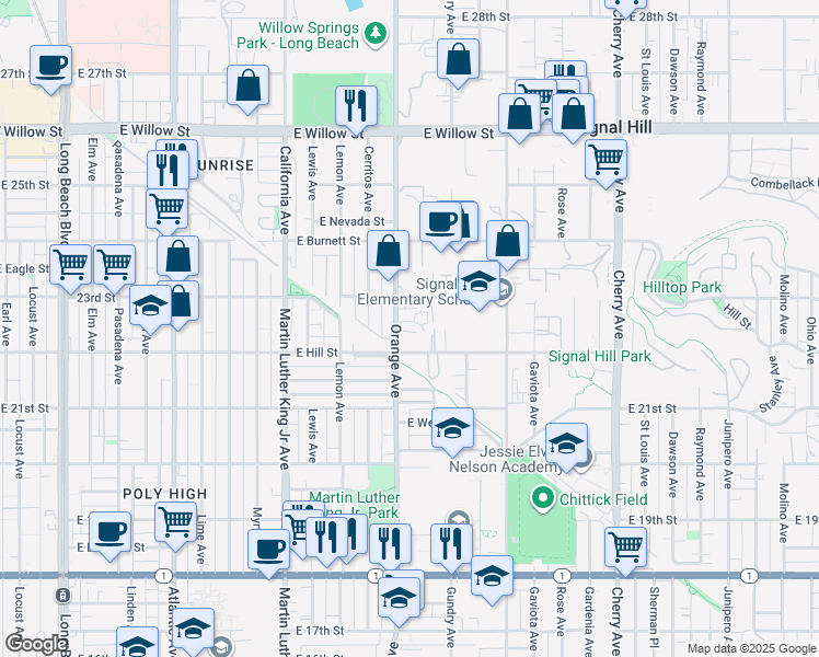map of restaurants, bars, coffee shops, grocery stores, and more near 2224 Orange Avenue in Signal Hill