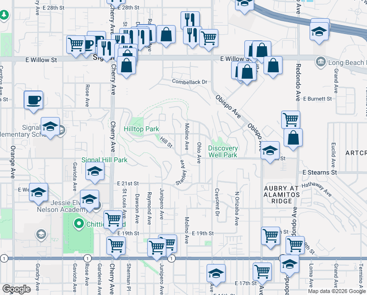 map of restaurants, bars, coffee shops, grocery stores, and more near 2229 Molino Avenue in Signal Hill