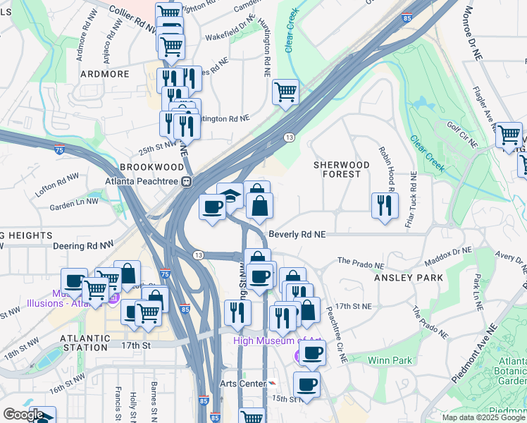 map of restaurants, bars, coffee shops, grocery stores, and more near 1555 Peachtree Street Northeast in Atlanta