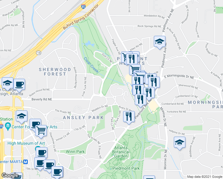 map of restaurants, bars, coffee shops, grocery stores, and more near 155 Avery Drive Northeast in Atlanta