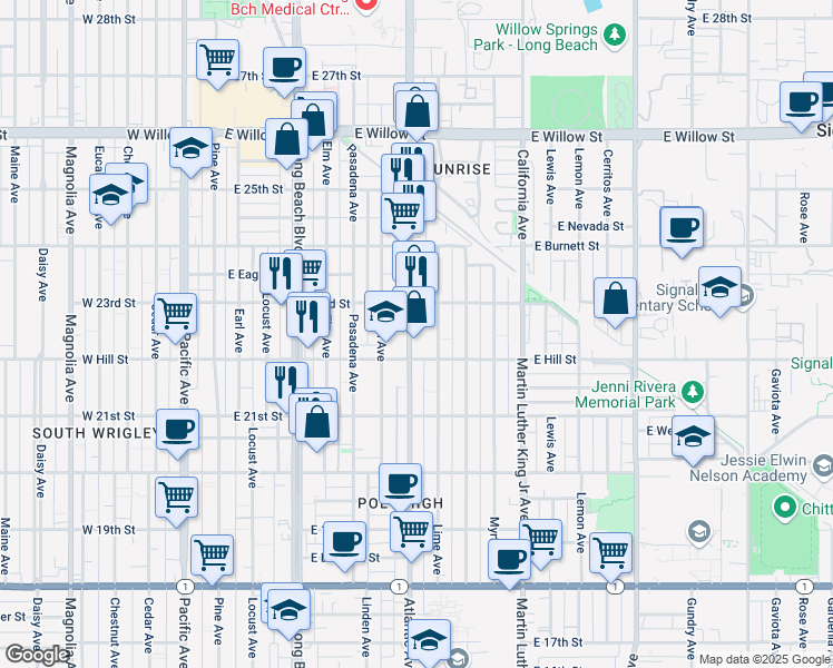 map of restaurants, bars, coffee shops, grocery stores, and more near 2240 Atlantic Avenue in Long Beach
