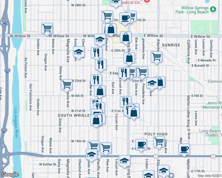 map of restaurants, bars, coffee shops, grocery stores, and more near 2241 Earl Avenue in Long Beach