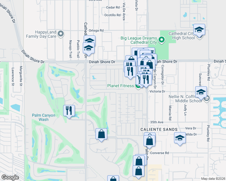 map of restaurants, bars, coffee shops, grocery stores, and more near 296 Coble Drive in Cathedral City