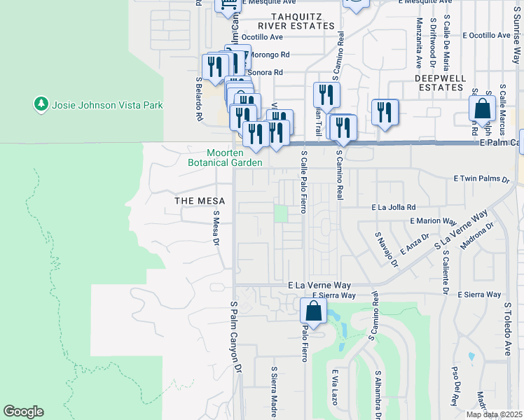 map of restaurants, bars, coffee shops, grocery stores, and more near 8 Bali Drive in Palm Springs