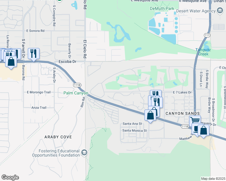 map of restaurants, bars, coffee shops, grocery stores, and more near 399 Desert Lakes Drive in Palm Springs