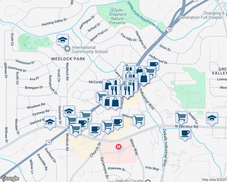 map of restaurants, bars, coffee shops, grocery stores, and more near 1708 Scott Boulevard in Decatur