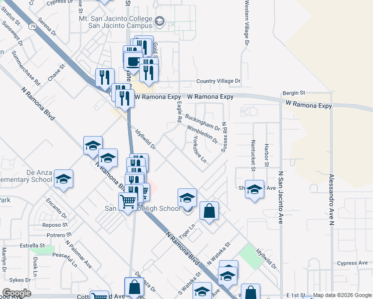 map of restaurants, bars, coffee shops, grocery stores, and more near 915 Baker Street in San Jacinto