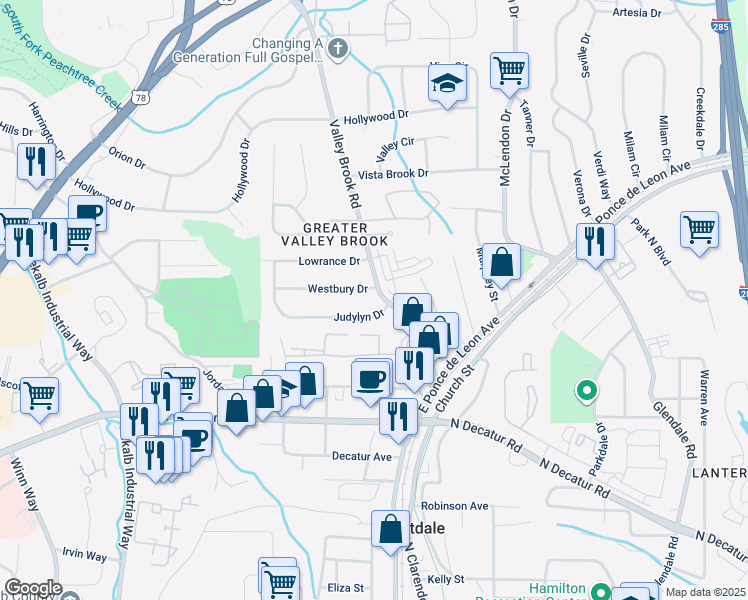 map of restaurants, bars, coffee shops, grocery stores, and more near 696 Valley Brook Road in Decatur