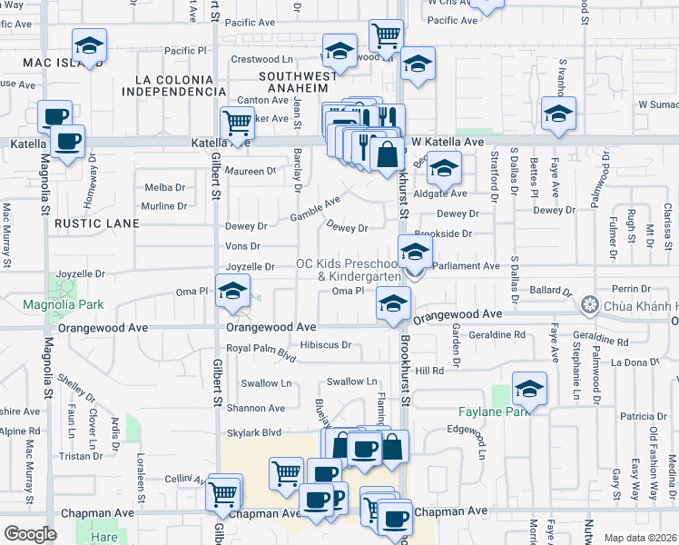 map of restaurants, bars, coffee shops, grocery stores, and more near 9822 Joyzelle Drive in Garden Grove